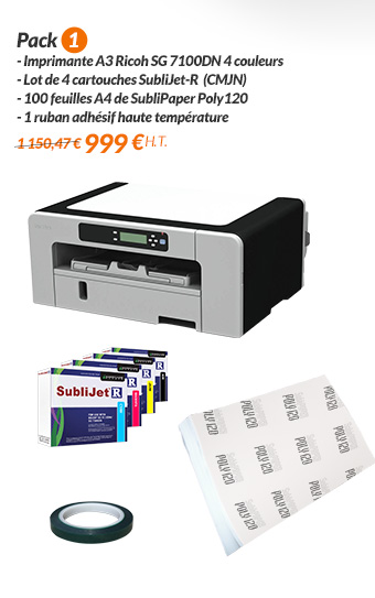 Pack 1 - Imprimante A3 Ricoh SG 7100DN 4 couleurs - Lot de 4 cartouches SubliJet-R  (CMJN) - 100 feuilles A4 de SubliPaper Poly120 - 1 ruban adhésif haute température - 999 € H.T. au lieu de 1 150,47 €