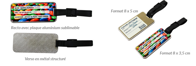 Étiquettes de voyage : Recto avec plaque aluminium sublimable - Verso en métal structuré - Format 8 x 5 cm ou 8 x 3,5 cm