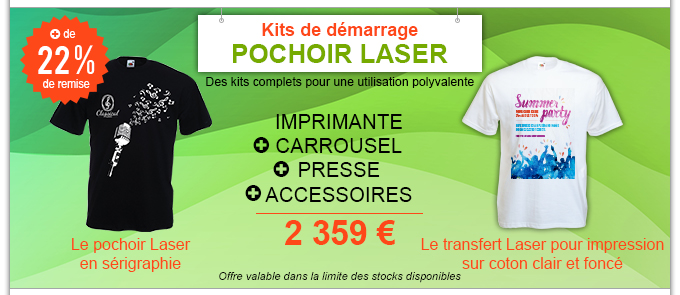 Kits de démarrage Pochoir Laser + de 22% de remise ! Des kits complets pour une utilisation polyvalente ! Imprimante + Carrousel + Presse + Accessoires = 2 540 € - Kits pour le pochoir laser en sérigraphie ou le transfert laser en impression sur coton clair et foncé