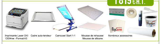 Le kit 1 contient :  Imprimante Laser OKI C831dn - Format A3 + Cadre auto tendeur + Carrousel Start 1-1 + Mousse de rehausse + Mousse de silicone + Nombreux accessoires