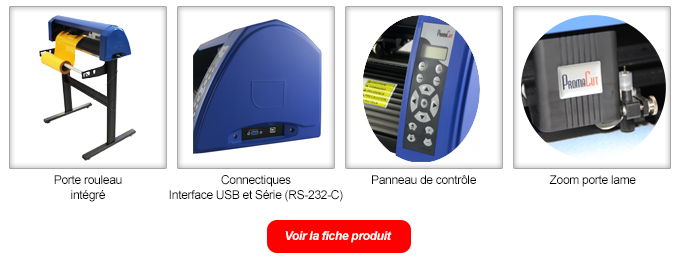 Plotter de découpe PromaCut PC-730L : Porte rouleau intégré - Connectiques Interface USB et Série (RS-232-C) - Panneau de contrôle - Zoom porte lame - Voir la fiche produit