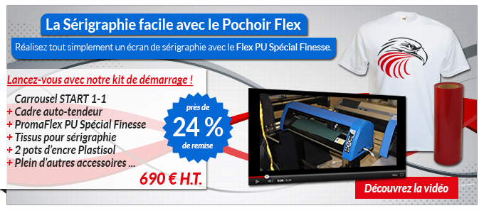 La Sérigraphie facile avec le Pochoir Flex - Réalisez tout simplement un écran de sérigraphie avec le Flex PU Spécial Finesse. - Lancez-vous avec notre kit de démarrage : Carrousel START 1-1 + Cadre auto-tendeur + PromaFlex PU Spécial Finesse + Tissus pour sérigraphie + 2 pots d’encre Plastisol + Plein d’autres accessoires ... - 690 € soit près de 24 % de remise - Découvrez la vidéo