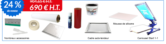 Le kit 1 contient : Nombreux accessoires + Mousse de silicone + Cadre auto-tendeur + Carrousel Start 1-1 = près de 24% de remise soit 690 € H.T. au lieu de 904.65 € H.T.