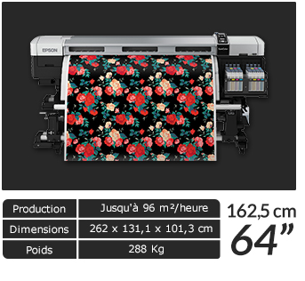 SureColor SC-F9200 - Production : Jusqu'à 96 m²/heure - Dimensions : 262 x 131.1 x 101.3 cm - Poids : 288 Kg - 162.5 cm de laize - 64 pouces