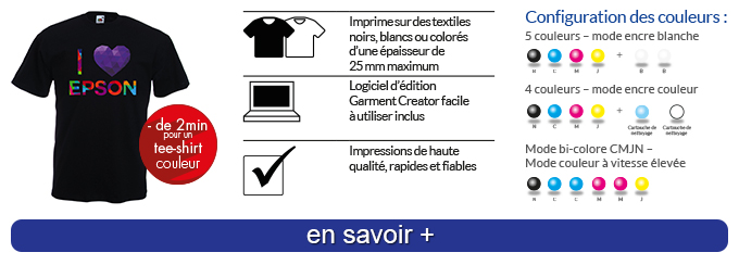 - de 2 min pour un tee-shirt couleur - Imprime sur des textiles noirs, blancs ou colorés d'une épaisseur de 25 mm maximum - Logiciel d'édition Garment Creator facile à utiliser inclus - Impressions de haute qualité, rapides et fiables - Plusieurs configurations de couleurs - En savoir +