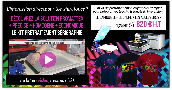 L’impression directe sur tee-shirt foncé ? DÉcouvrez la solution Promattex + précise + homogène + économique : Le kit prétraitement sérigraphie - Le kit en vidéo, c’est par ici ! Un kit de prétraitement «Sérigraphie» complet pour préparer vos tee-shirts foncés à l’impression ! Le carrousel + Le cadre + Les accessoires 820 € H.T. au lieu de 1025.80 € H.T. soit 20% de remise