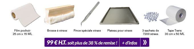 Film pochoir 15 ML x 25 cm + Brosse à strass + Pince spéciale strass + plateau pour strass + 3 sachet de 7200 strass + Tape Trans 50 ML x 30 cm - 99 € H.T. soit plus de 38 % de remise | + d'infos >>