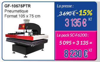 GF-1575PTR - Pneumatique - Format 105 x 75 cm - La presse : 3 690 € - 15 % = 3 135 € H.T. & Le pack avec la SC-F6200 : 5 095 + 3 135 = 8 230 € H.T.