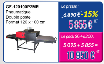 GF-120100P2MR - Pneumatique - Double poste - Format 120 x 100 cm - La presse : 6 890 € - 15 % = 5 855 € H.T. & Le pack avec la SC-F6200 : 5 095 + 5 855 = 10 950 € H.T.