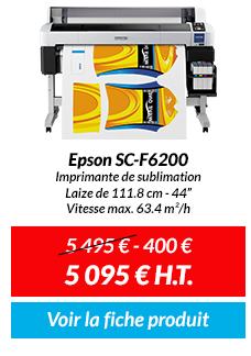 Epson SC-F6200 - Imprimante de sublimation - Laize de 111.8 cm - 44” - Vitesse max. 63.4 m²/h : 5 495 € - 400 € = 5 095 € H.T. - Voir la fiche produit