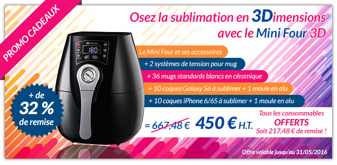 Promo cadeaux : + de 32% de remise - Osez la sublimation en 3Dimensions avec le Mini Four 3D - Le mini four et ses accessoires + 2 systèmes de tension pour mug + 36 mugs standards blancs en céramique + 10 coques Galaxy S6 à sublimer + 1 moule en alu + 10 coques iPhone 6/6S à sublimer + 1 moule en alu = 450€ au lieu de 667,48 € - Tous les consommables offers soit 217,48 € de remise ! Offre valable jusqu'au 31/05/2016