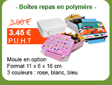 - Boîtes repas en polymère - Moule en option - Format 11 x 6 x 16 cm - 3 couleurs : rose, blanc, bleu- 3.45 € H.T. au lieu de 3.90 € H.T.