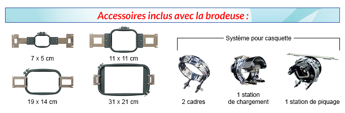 Accessoires inclus avec la brodeuse : Cadres 7 x 5 cm, 11 x 11 cm, 19 x 14 cm, 31 x 21 cm - Système pour casquette = 2 cadres, 1 station de chargement et 1 station de piquage.