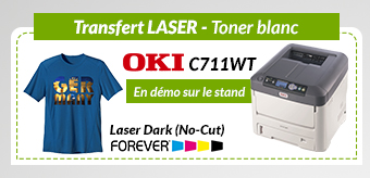 Transfert LASER - Toner blanc : OKI C711WT et le papier Laser Dark (No-Cut) en démo sur le stand