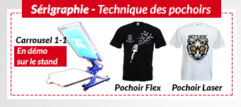 Sérigraphie - Technique des pochoirs avec le carrousel 1-1. Pochoir Flex et Pochoir Laser en démo sur le stand