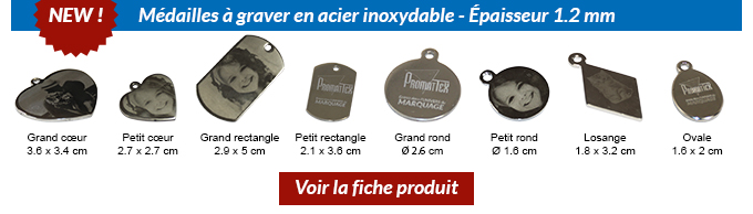 Nouveau ! Médailles à graver en acier inoxydable - Épaisseur 1.2 mm - Grand cœur 3.6 x 3.4 cm - Petit cœur 2.7 x 2.7 cm - Grand rectangle 2.9 x 5 cm - Petit rectangle 2.1 x 3.6 cm - Petit rectangle 2.1 x 3.6 cm - Petit rond Ø 1.6 cm - Losange 1.8 x 3.2 cm - Ovale 1.6 x 2 cm - Voir la fiche produit !