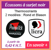 Écussons à surjet noir - Thermocollants - 2 modèles : Rond et Blason - à partir de 0.42 € H.T. - En savoir +