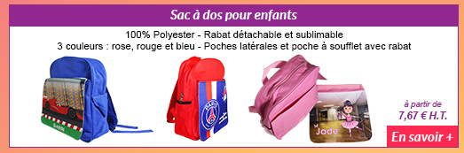 Sac à dos pour enfants - 100% Polyester - Rabat détachable et sublimable - 3 couleurs : rose, rouge et bleu - Poches latérales et poche à soufflet avec rabat - à partir de 7.67 € H.T. - En savoir +