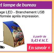 Lampe de chevet et lampe de bureau - En acrylique et bois - Éclairage LED - Branchement USB - Plaque livrée à plat et déformée après impression. - à partir de 9.43 € H.T. - En savoir +