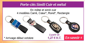 Porte-clés Simili Cuir et métal - En métal et simili cuir - 4 modèles Carré, Cœur*, Rond*, Rectangle - à partir de 1.27 € H.T. - En savoir +
