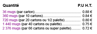 Quantité / PU H.T.
36 mugs (par carton) = 0.88 €
360 mugs (par 10 cartons) = 0.84 €
720 mugs (par 20 cartons ou 1/2 palette) = 0.80 €
1 440 mugs (par 40 cartons ou palette) = 0.75 €
2 376 mugs (par 66 cartons ou super palette) = 0.72 €