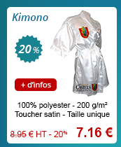 Kimono - 100% polyester - 200 g/m² - Toucher satin - Taille unique - 8.95 € H.T. - 20 % = 7.16 € // + d'infos