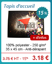 Tapis d’accueil - 100% polyester - 250 g/m² - 35 x 45 cm - Anti-dérapant - 3.75 € H.T. - 15 % = 3.19 € // + d'infos