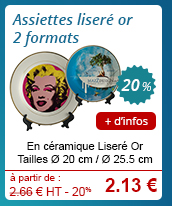 Assiettes liseré or
2 formats - En céramique Liseré Or - Tailles Ø 20 cm / Ø 25.5 cm - 2.66 € H.T. - 20 % = 2.13 € // + d'infos