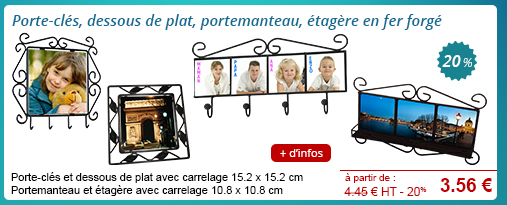 Porte-clés, dessous de plat, portemanteau, étagère en fer forgé - Porte-clés et dessous de plat avec carrelage 15.2 x 15.2 cm - Portemanteau et étagère avec carrelage 10.8 x 10.8 cm - 4.45 € H.T. - 20 % = 3.56 € // + d'infos