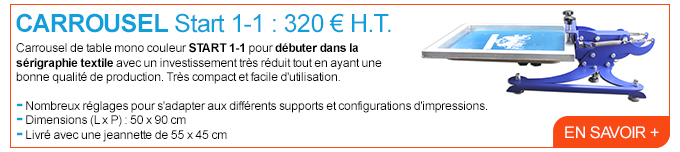 Carrousel Start 1-1 : 320 € H.T. - Carrousel de table mono couleur START 1-1 pour débuter dans la sérigraphie textile avec un investissement très réduit tout en ayant une bonne qualité de production. Très compact et facile d'utilisation. - Nombreux réglages pour s'adapter aux différents supports et configurations d'impressions. - Dimensions (L x P) : 50 x 90 cm - Livré avec une jeannette de 55 x 45 cm - En savoir +