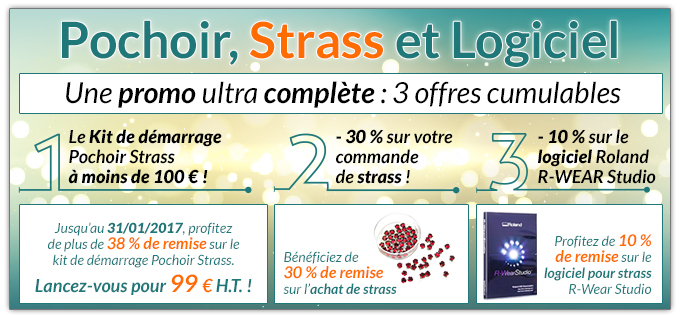 Pochoir, Strass et Logiciel : une promo ultra complète avec 3 offres cumulables ! 1.Le Kit de démarrage Pochoir Strass à moins de 100 € ! 2. - 30 % sur votre commande de strass ! 3. - 10 % sur le logiciel Roland R-WEAR Studio