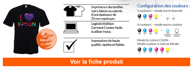 - de 2 min pour un tee-shirt couleur - Imprime sur des textiles noirs, blancs ou colorés d'une épaisseur de 25 mm maximum - Logiciel d'édition Garment Creator facile à utiliser inclus - Impressions de haute qualité, rapides et fiables - Plusieurs configurations de couleurs - En savoir +