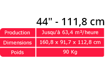 Laize : 44 pouces soit 111,8 cm - Production : jusqu’à 63,4 m²/h - Dimensions : 160,8 x 91,7 x 112,8 cm - Poids : 90 kg
