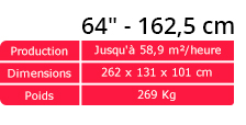 Laize : 64 pouces soit 162.5 cm - Production : jusqu’à 58.9 m²/h - Dimensions : 262 x 131 x 101 cm - Poids : 269 kg