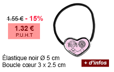 Élastique noir Ø 5 cm - Boucle cœur 3 x 2.5 cm - 1.55 € - 15 % = 1.32 € P.U.H.T - + d'infos