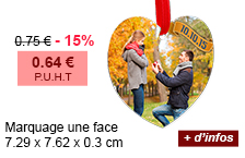 Marquage une face - 7.29 x 7.62 x 0.3 cm - 0.75 € - 15 % = 0.64 € P.U.H.T - + d'infos