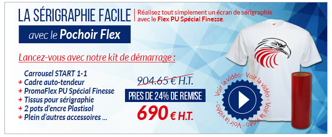 La Sérigraphie facile avec le Pochoir Flex - Réalisez tout simplement un écran de sérigraphie avec le Flex PU Spécial Finesse. - Lancez-vous avec notre kit de démarrage : Carrousel START 1-1 + Cadre auto-tendeur + PromaFlex PU Spécial Finesse + Tissus pour sérigraphie + 2 pots d’encre Plastisol + Plein d’autres accessoires ... - 690 € soit près de 24 % de remise - Découvrez la vidéo