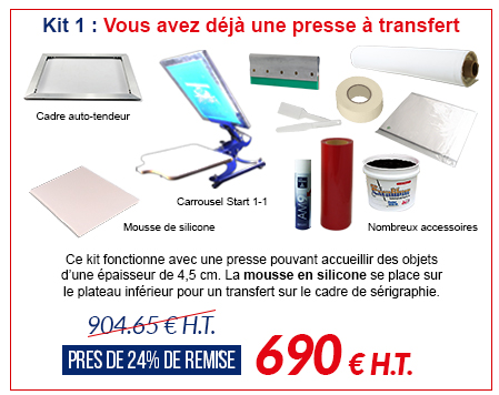 Kit 1 : Vous avez déjà une presse à transfert : Carrousel Start 1-1 + Cadre Auto-Tendeur Promattex + Mousse de silicone + Nombreux accessoires = 690 € H.T. au lieu de 904.65 € soit près de 24% de remise. Ce kit fonctionne avec une presse pouvant accueillir des objets d’une épaisseur de 4,5 cm. La mousse en silicone se place sur le plateau inférieur pour un transfert sur le cadre de sérigraphie.