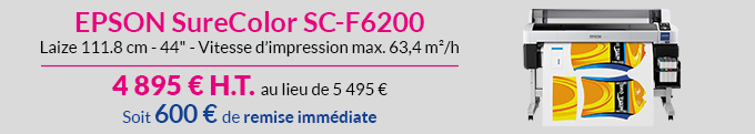 EPSON SureColor SC-F6200 - Laize 111.8 cm - 44' - Vitesse d’impression max. 63,4 m²/h : 4 895 € H.T. au lieu de 5 495 € soit 600 € de remise immédiate