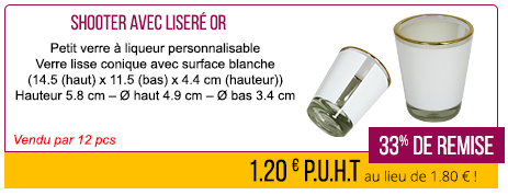 Shooter avec liseré or - Petit verre à liqueur personnalisable
Verre lisse conique avec surface blanche (14.5 (haut) x 11.5 (bas) x 4.4 cm (hauteur)) - Hauteur 5.8 cm – Ø haut 4.9 cm – Ø bas 3.4 cm - Vendu par 12 pcs - 33% de remise soit 1.20 € P.U.H.T au lieu de 1.80 € !