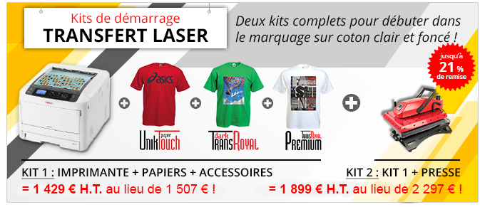 Kits de démarrage TRANSFERT LASER  - Deux kits complets pour débuter dans
le marquage sur coton clair et foncé ! Kit 1 : Imprimante + papiers + accessoires = 1 425 € H.T. au lieu de 1 697 € ! Kit 2 : KIT 1 + PRESSE = 1 975 € H.T. au lieu de 2 512 € !