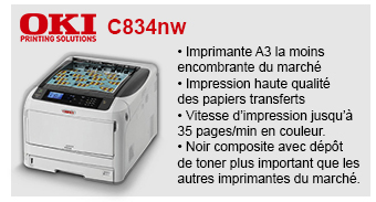 OKI C833dn - • Imprimante A3 la moins encombrante du marché • Impression haute qualité des papiers transferts • Vitesse d’impression jusqu’à 35 pages/min en couleur.
• Noir composite avec dépôt de toner plus important que les autres imprimantes du marché.