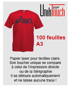 UnikTouch Paper - 100 feuilles A3 - Papier laser pour textiles clairs.
Son toucher unique se compare à celui de l’impression directe ou de la Sérigraphie. Il se détoure automatiquement et ne laisse aucune trace !