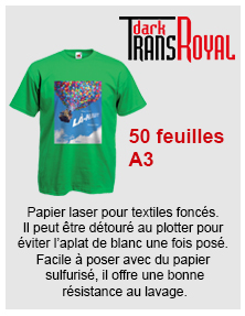 TransRoyal Dark - 50 feuilles A3 - Papier laser pour textiles foncés.
Il peut être détouré au plotter pour éviter l’aplat de blanc une fois posé. Facile à poser avec du papier sulfurisé, il offre une bonne résistance au lavage.