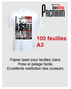 TransRoyal Premium - 100 feuilles A3 - Papier laser pour textiles clairs.
Pose et pelage facile. Excellente restitution des couleurs.