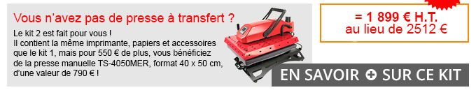 Vous n’avez pas de presse à transfert ? Le kit 2 est fait pour vous ! 
Il contient la même imprimante, papiers et accessoires que le kit 1, mais pour 550 € de plus, vous bénéficiez de la presse manuelle TS-4050MER, format 40 x 50 cm, d’une valeur de 790 € ! = 1 975 € H.T. au lieu de 2 512 € - En savoir + sur ce kit