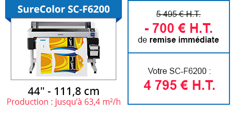 SureColor SC-F6200 - Laize : 44 pouces soit 111,8 cm - Production : jusqu’à 63,4 m²/h - 700 € de remise immédiate soit votre SC-F6200 à 4 795 € H.T. au lieu de 5 495 €.