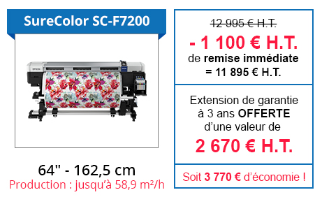 SureColor SC-F7200 - 1 100 € H.T. de remise immédiate + Extension de garantie à 3 ans OFFERTE d'un valeur de 2 670 € soit 3 770 € d'économie !