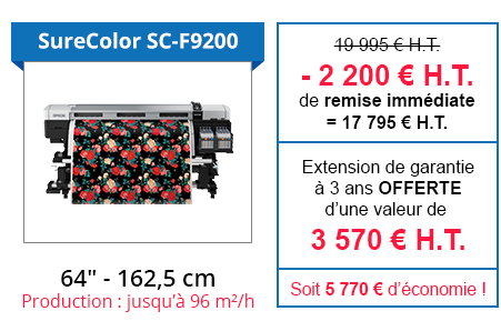 SureColor SC-F9200 - 2 200 € H.T. de remise immédiate + Extension de garantie à 3 ans OFFERTE d'une valeur de 3 570 € H.T. soit 5 770 € d'économie !