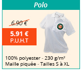 Polo - 100% polyester 230 g/m² - Maille piquée - Tailles S à XL - 5.91 € H.T. au lieu de 6.90 €